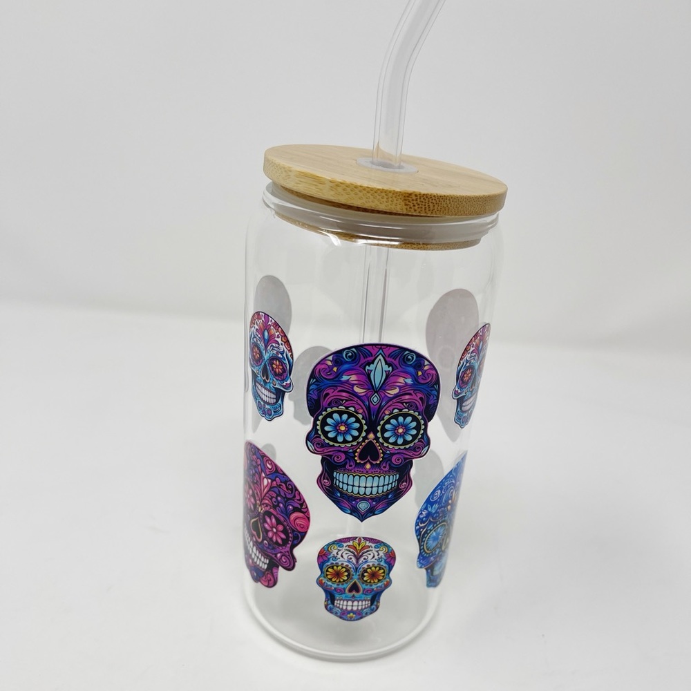 NEW! Sugar skull calavera glass cup with bamboo lid and glass straw 16 oz - Picture 2 of 7